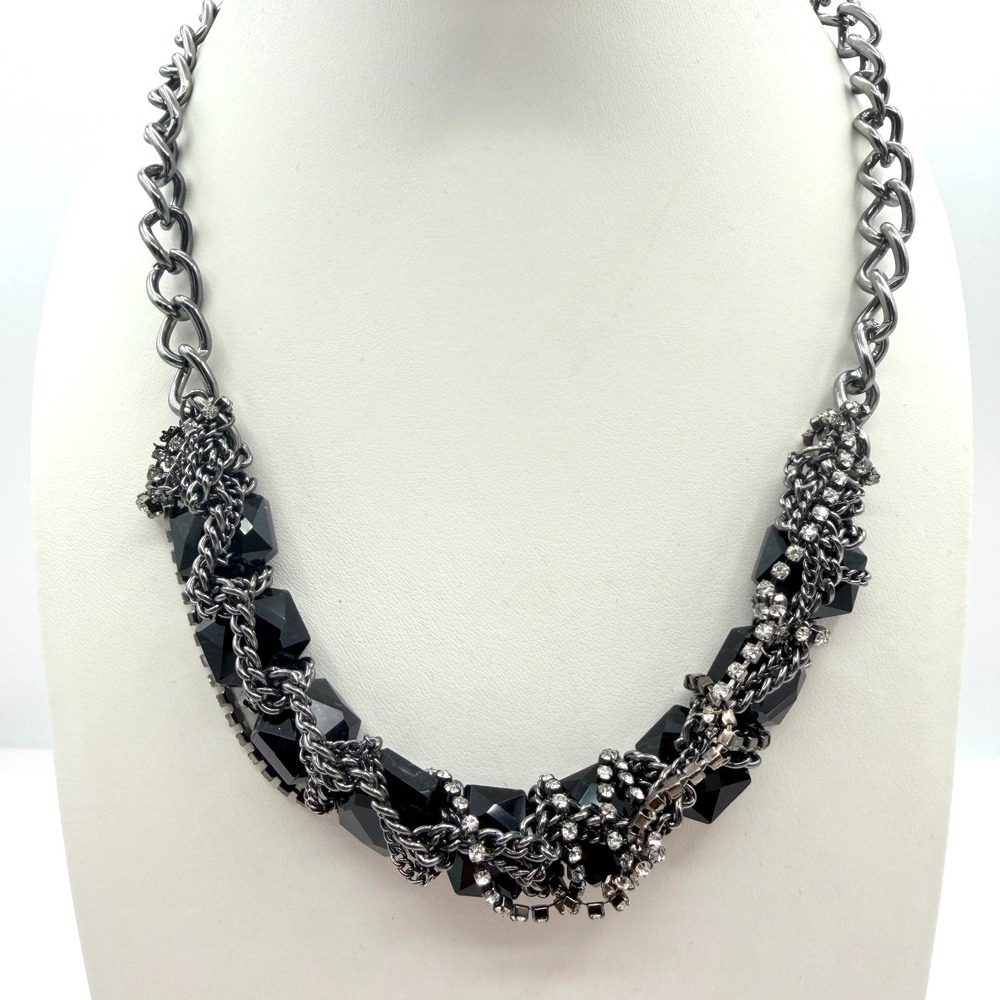 Vintage Gunmetal Chunky Black Bead Choker Necklace with Rhinestone Cluster